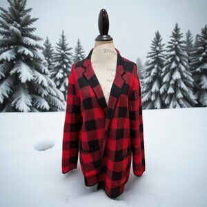 Talbots Petites Size LP Red/Black Buffalo Plaid Collared 2-Pocket Open Cardigan